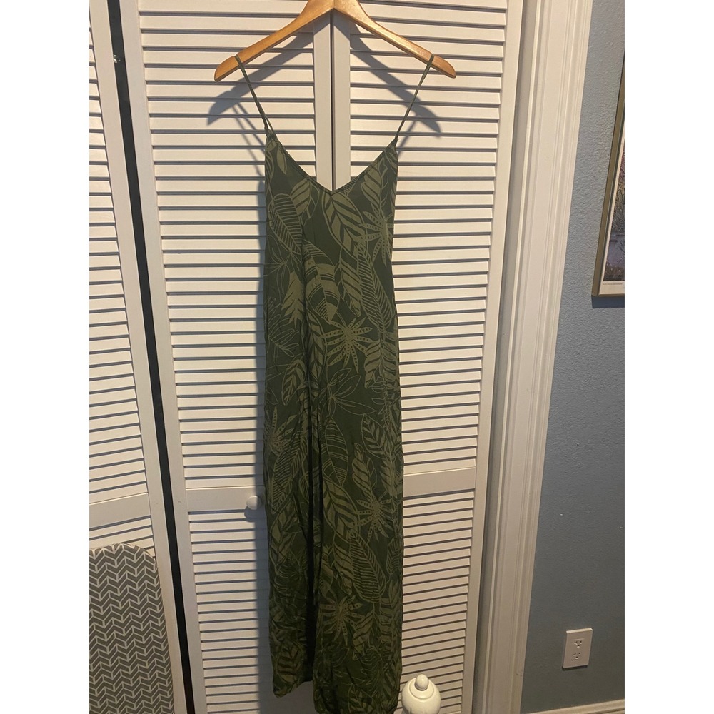 Old Navy Womens XL Olive Green Tropical Leaf Print V-Neck Dress Spaghetti Straps